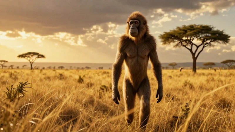 Hominido dinámico en una sabana al atardecer