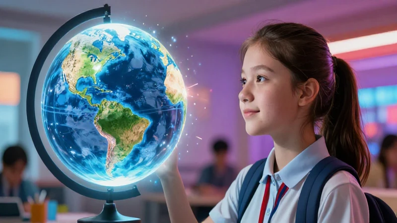 Joven mira globo brillante y educación