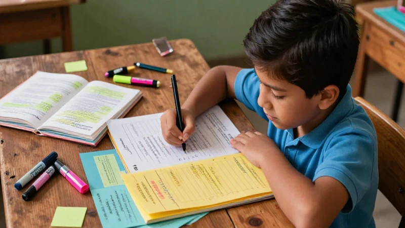 Estudiante mexicano con notas vibrantes y luz cálida