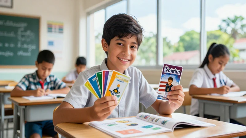 Estudiante mexicano estudia alegre con materiales coloridos