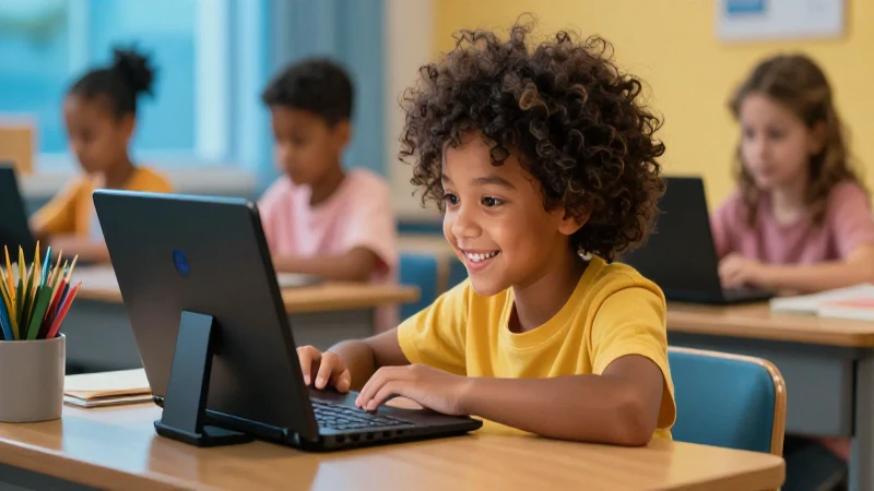 Niño entusiasta aprendiendo digitalmente con estética vibrante