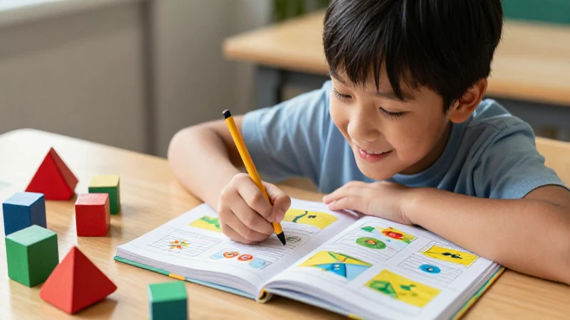 Niño sonriente estudia en escritorio con materiales de colores