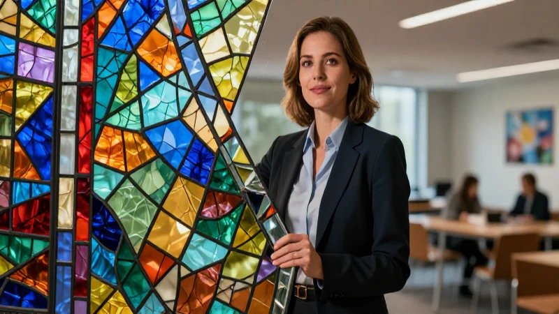 Académico profesional junto a mosaico vibrante