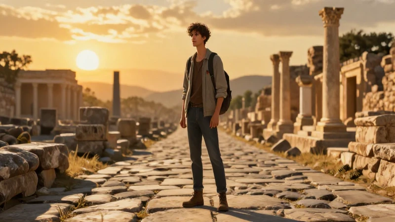 Joven moderno en dramáticas ruinas antiguas