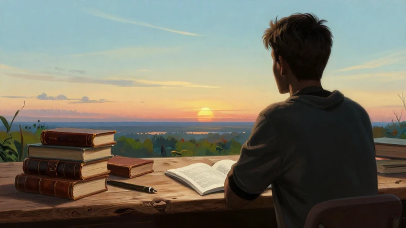 Estudiante reflexivo, libros y atmósfera académica cálida