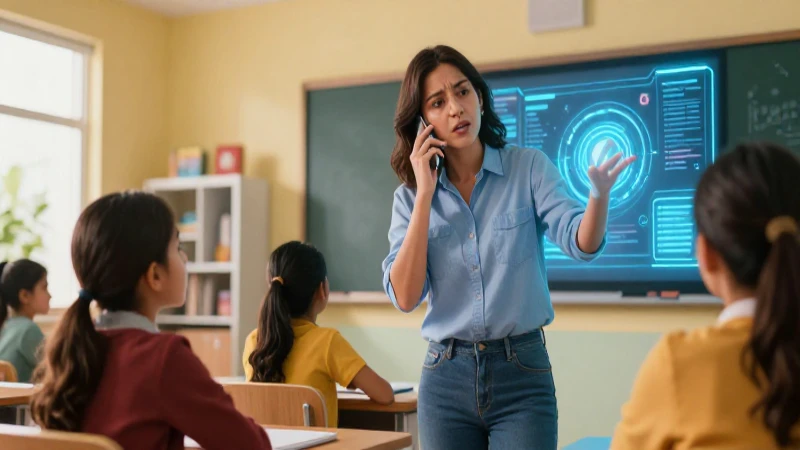 Desafíos de implementar tecnología en el aula con la Nueva Escuela Mexicana 3 Profesor duda frente a interfaz digital vibrante