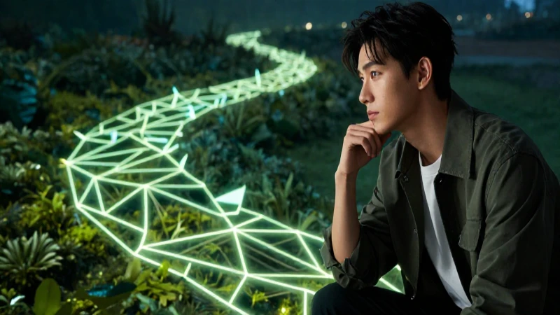 Hombre moderno contemplando ruta geométrica brillante