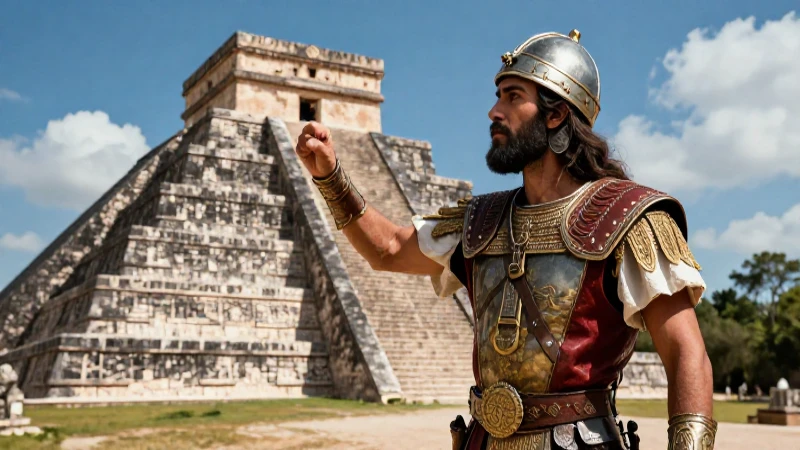 Expediciones españolas a México: historia, descubrimientos y legado 3 Conquistador explora pirámides aztecas en México