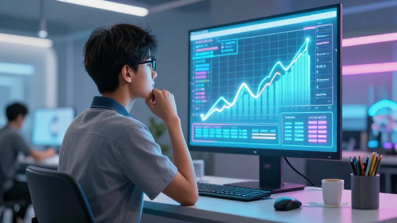 Estudiante observa datos estadísticos en un entorno moderno