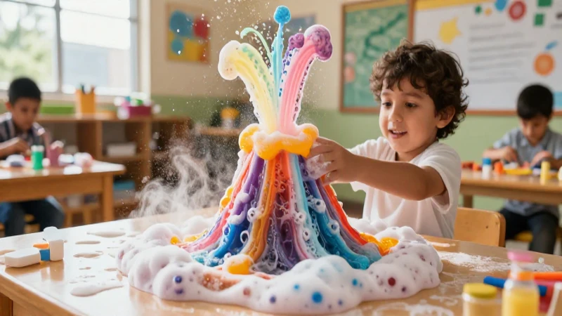 Volcán de bicarbonato, niños y luces