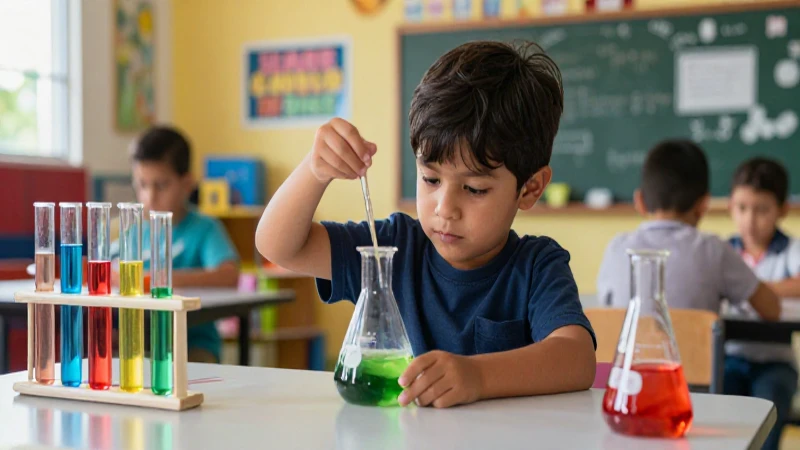 Niño concentrado en un experimento científico en un aula moderna