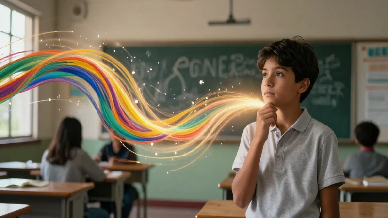 Joven pensante con conceptos educativos dinámicos