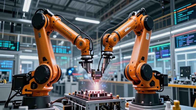 Fábrica inteligente futurista con robot ensamblando piezas