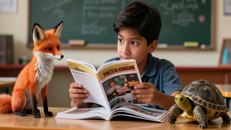 Estudiante, libros y animales en arte educativo