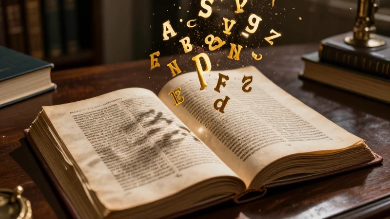 Pergamino latino antiguo con letras doradas flotantes