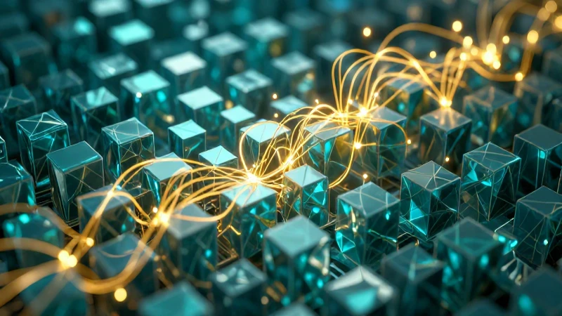 Factorización: qué es, definición y concepto explicado 7 Cubos de matriz cristalina y líneas doradas en un ambiente dramático
