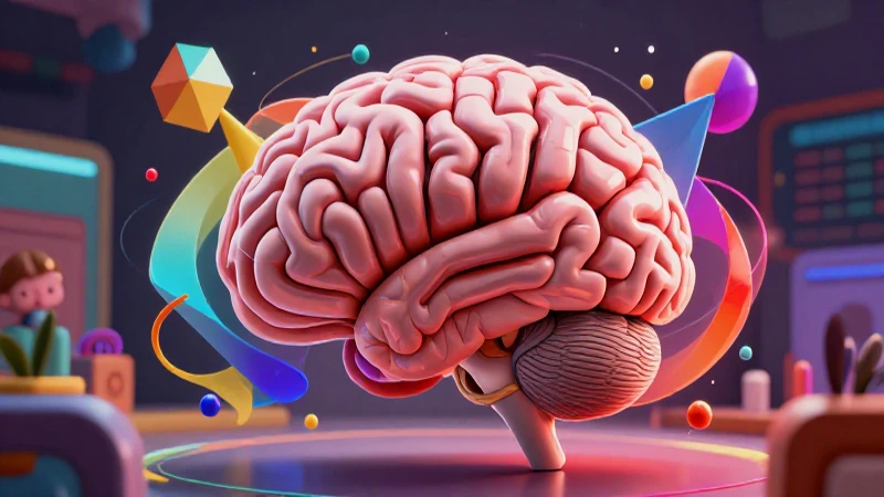 Cerebro estilizado con estructuras geométricas y luz dramática