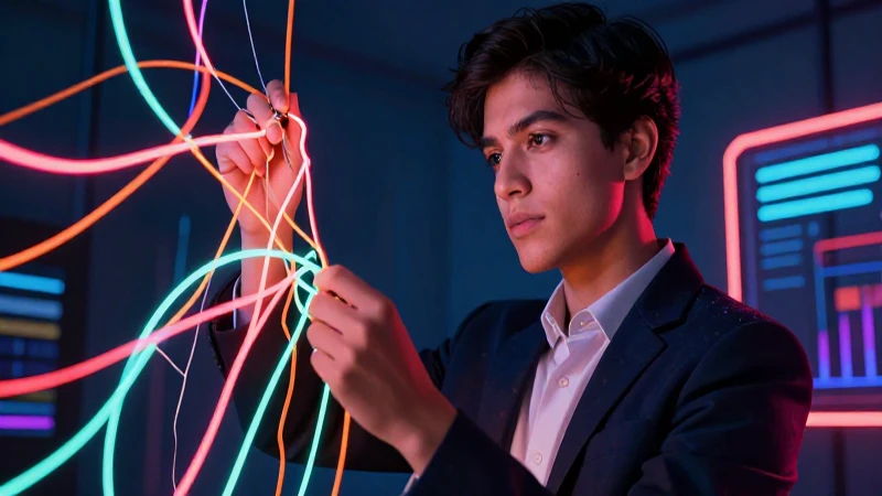 Joven académico estudia lógica neón, estilo moderno