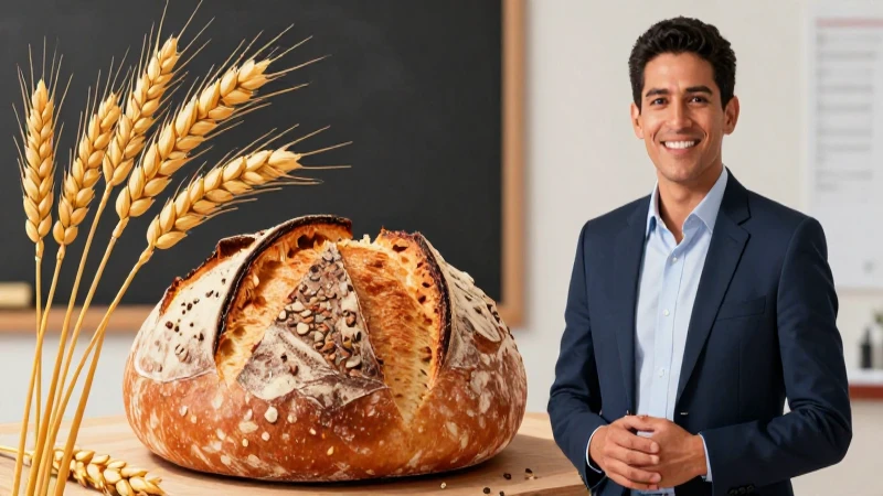 Familia de palabras de pan: ejemplos y su significado 4 Educador sonriente con pan de masa madre y trigo