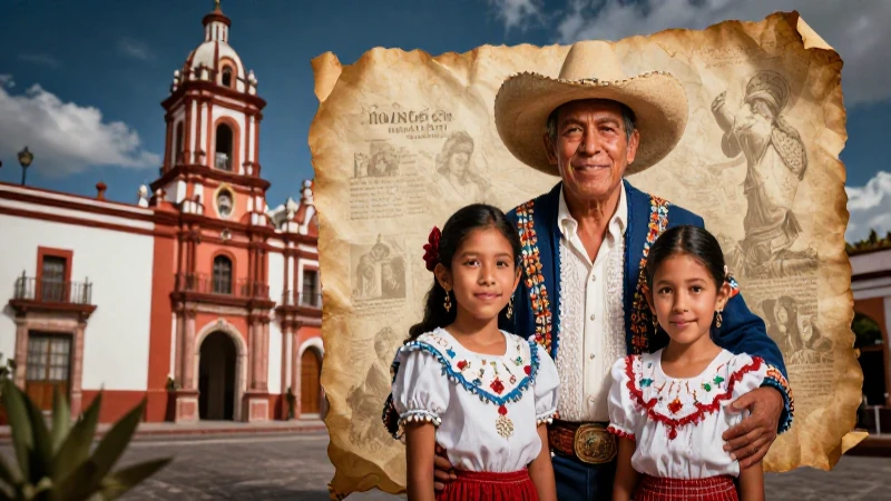 Familia mexicana digna en arquitectura colonial histórica