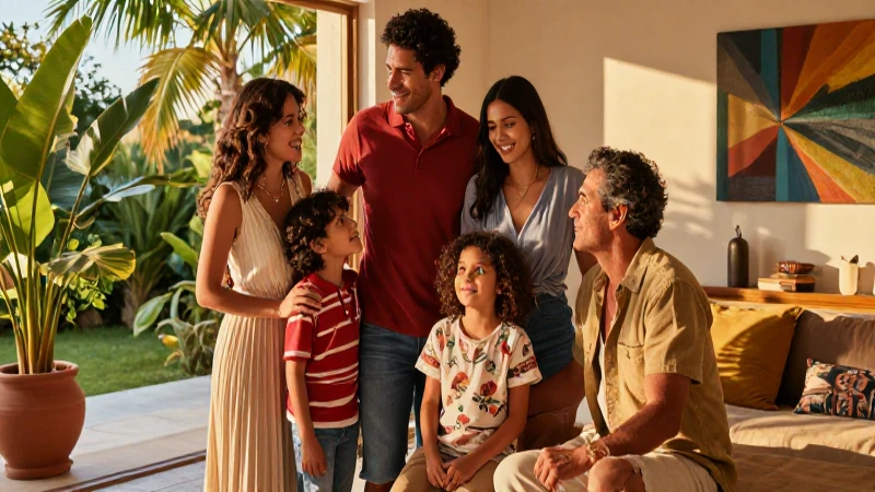 Familia color vibrante en México al atardecer
