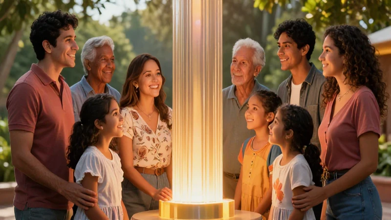 Familia diversa crece alrededor de un pilar luminoso