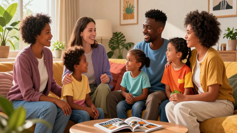 Familia moderna interactúa en cálida luz dorada
