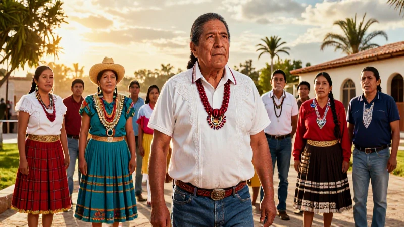 Líderes indígenas en vibrante encuentro comunitario al atardecer
