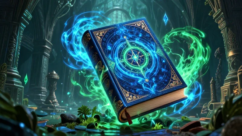 Grimoire mágico con energía etérea y ruinas antiguas