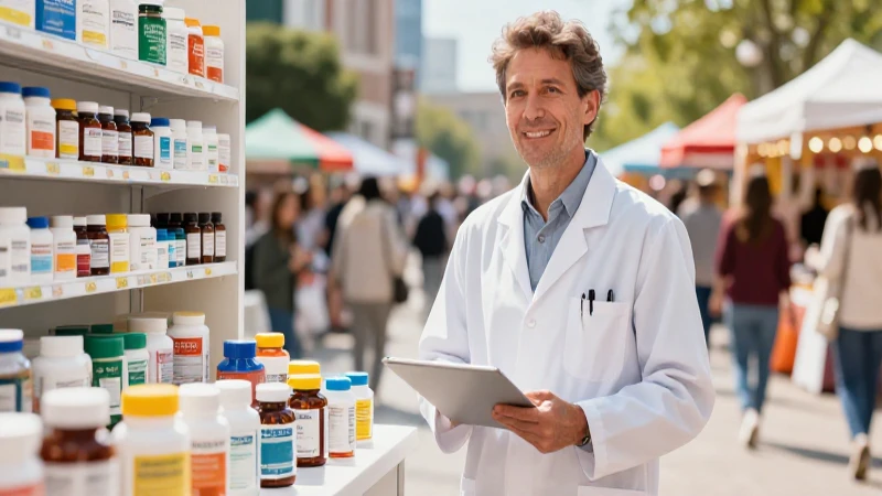 Farmacéutico en mercado vibrante, estilo revista