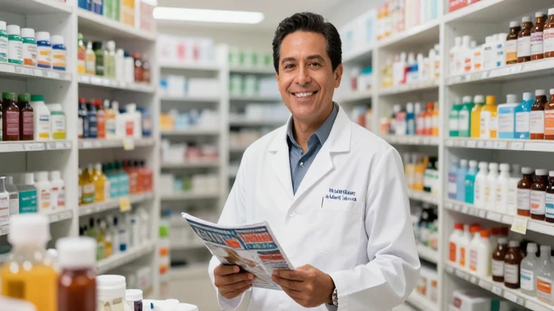 Joven farmacéutico mexicano en farmacia moderna