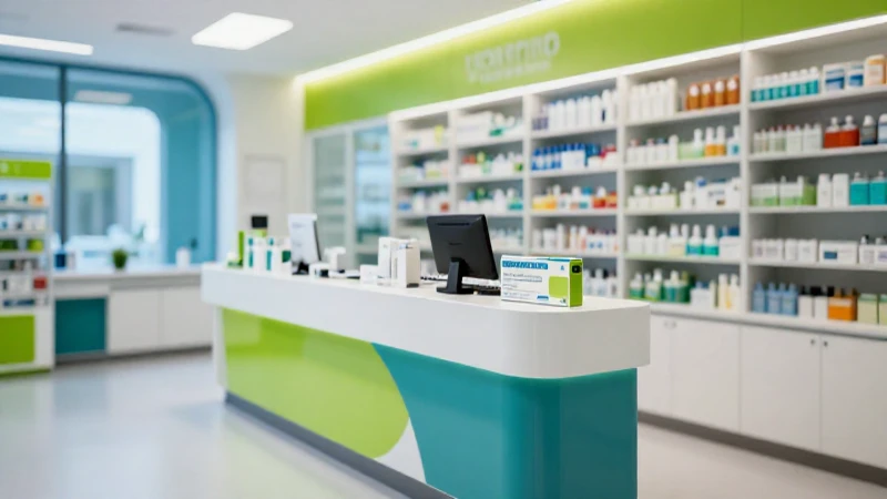 Farmacia moderna y vibrante con detalles verdes y azules