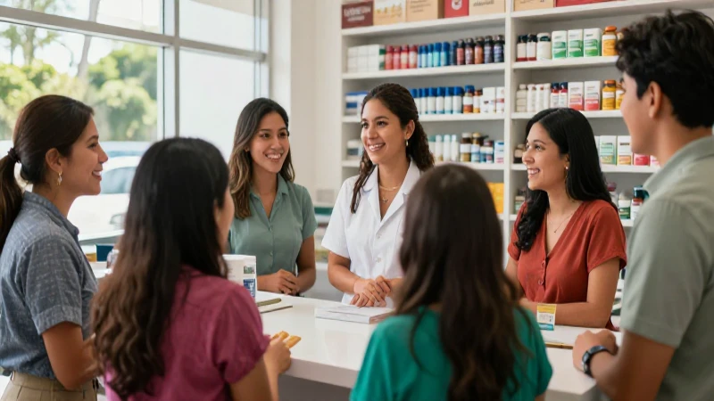 Farmacia mexicana vibrante, comunidad y luz natural