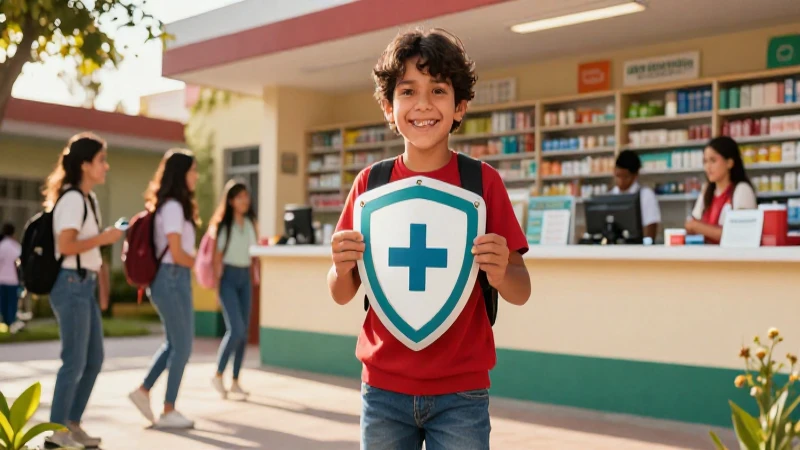 Estudiante alegre con escudo médico en México