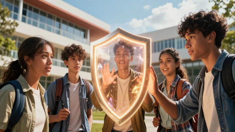 Estudiante con escudo en entorno moderno