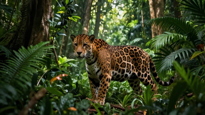 Jaguar majestuoso en selva tropical realista