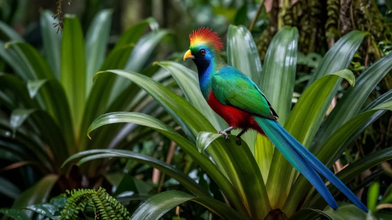 Quetzal en bromelias bajo luz cinematográfica