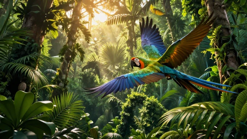 Macaw majestuoso sobre selva tropical dorada