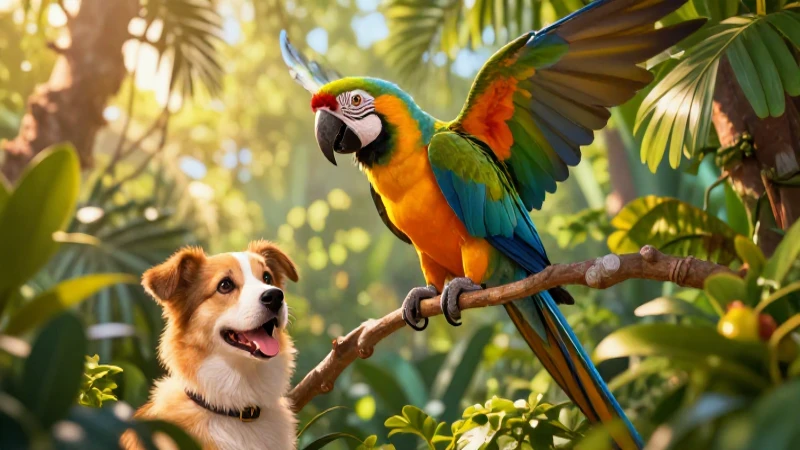 Fauna: Concepto, Silvestre y Doméstica, junto a Flora 3 Escena vibrante de loro y perro