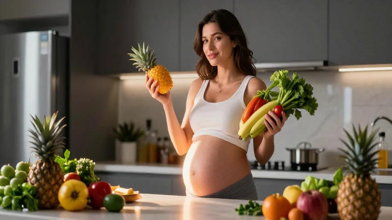 Mujer embarazada con frutas en cocina moderna y luz