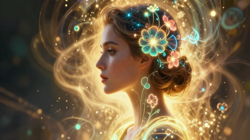 Perfil femenino detallado con iluminación bioluminiscente dorada