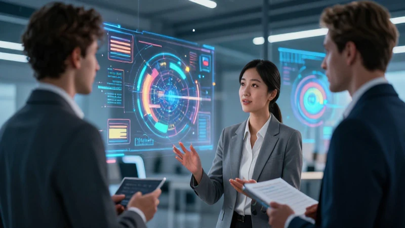 Profesional dinámico interactúa con datos abstractos
