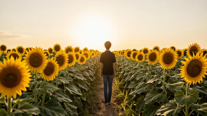 Joven simboliza futuro entre girasoles dorados