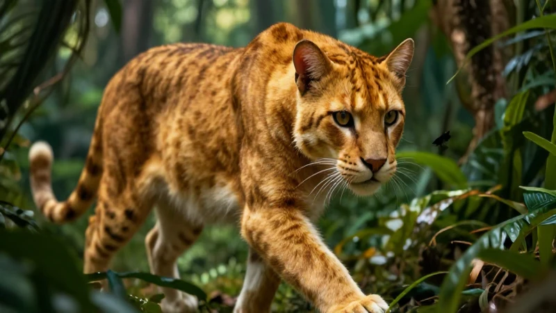 Felino: Definición y Concepto Esencial sobre Estos Animales 5 Gran felino dorado acechando la selva