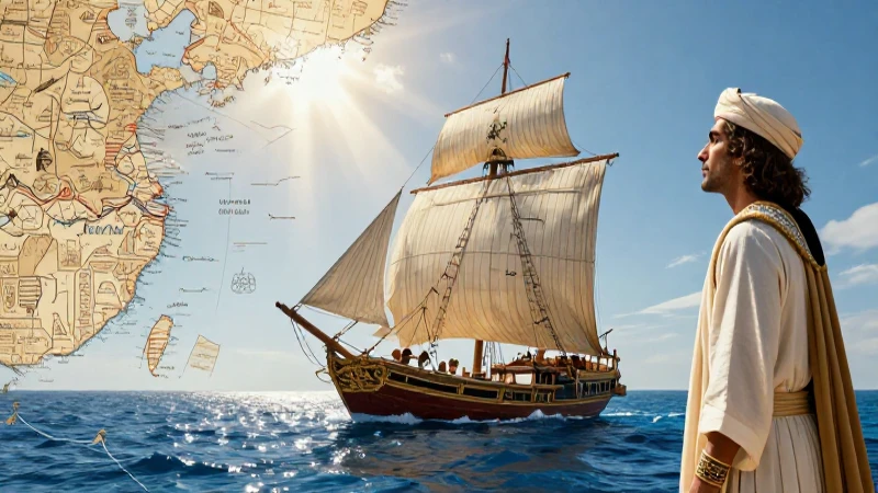 Barco fenicio en azul con mapa de comercio