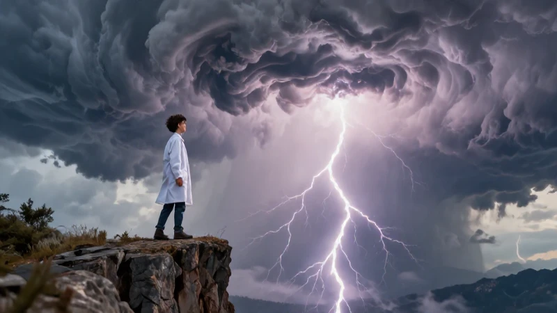 Científico en acantilado frente a tormenta dramática