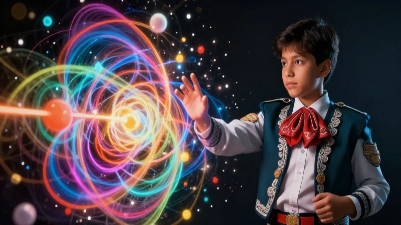 Estudiante curioso en vibrante campo de energía cuántica