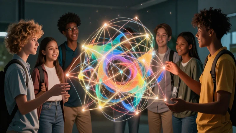 Estudiantes interactúan con una red abstracta brillante