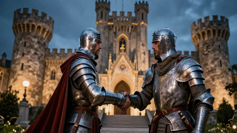 Vassallo medieval con castillo y apretón solemne