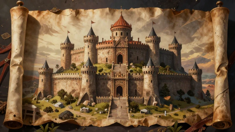 Fortaleza medieval estilizada con jerarquía y detalle épico